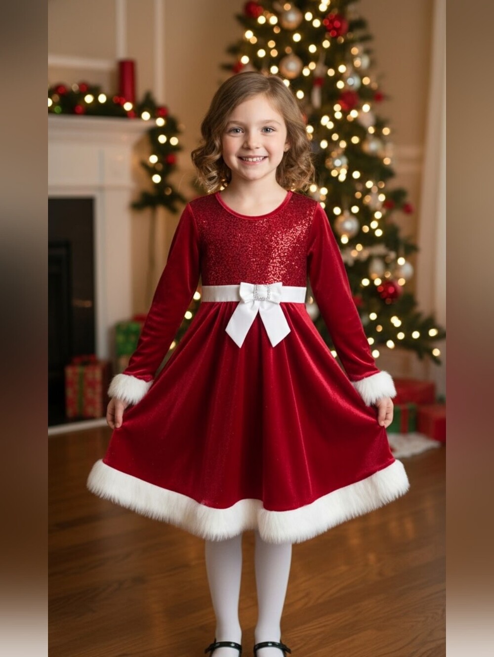 Bonnie Jean Sequin Bodice Holiday Dress. Red Velvety Girl Santa Dress Fur Trim.